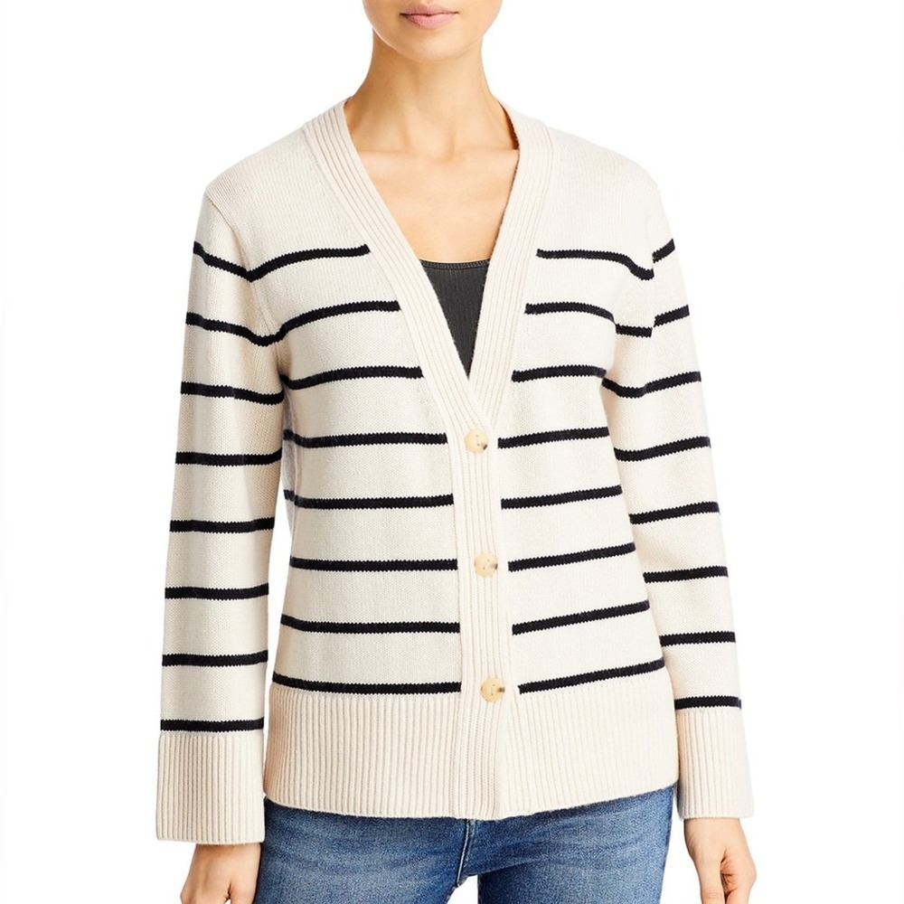 Vince Breton Wool Cashmere Striped Cardigan Sweater V-Neck Button Front Size S - Picture 1 of 7